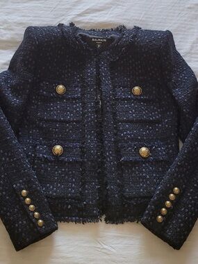 Balmain Black Navy Bouclé Frayed-Trim Gold Button Jacket